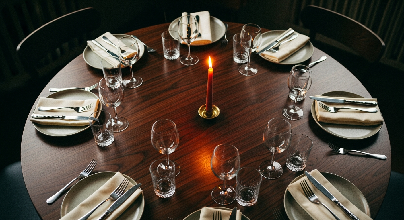 A Wednesday in San Francisco — a round walnut table set for eight, candlelit, with a single tall candle in the center