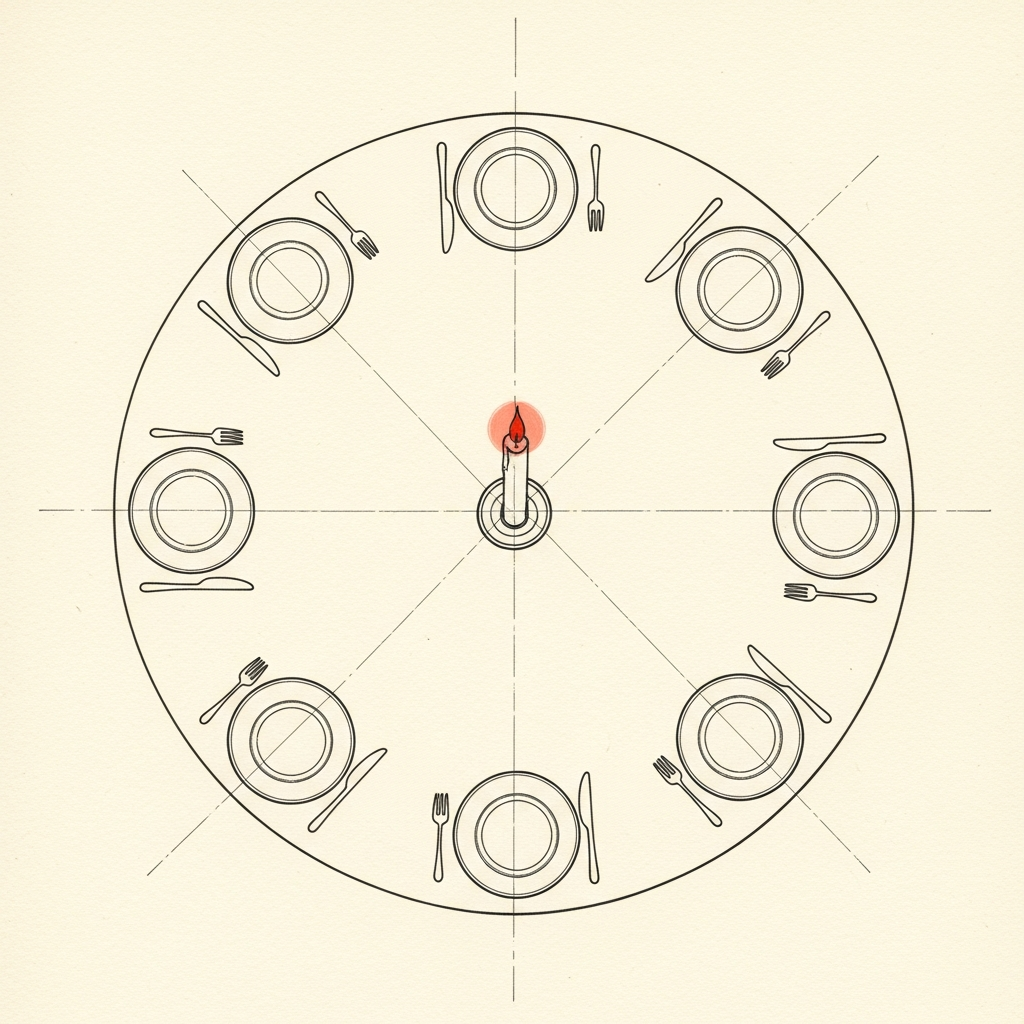 A round dining table for eight with a single candle in the center, hand-drawn in pen and ink